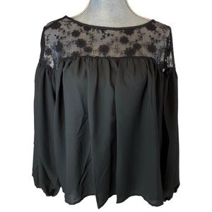 HAUTE MONDE ☆ Black Chiffon Blouse ☆ Lace Neckline